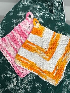 Vintage Pink White and Orange Crochet Cotton Pot Holders Handmade Homemade